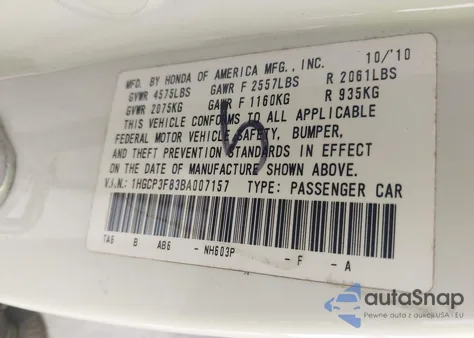 2011 Honda Accord 3.5 Ex-L из США, поврежденный, VIN 1HGCP3F83BA007157